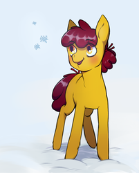 Size: 1008x1254 | Tagged: safe, artist:crybaby, oc, oc only, oc:khakislacks, earth pony, pony, blushing, bow, commission, femboy, gift art, hair bow, male, poofy mane, snow, solo, stallion, tail bow