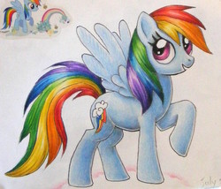 Size: 935x800 | Tagged: safe, artist:andpie, rainbow dash, pony, g4, female, mare, raised hoof, solo, spread wings, traditional art, wings