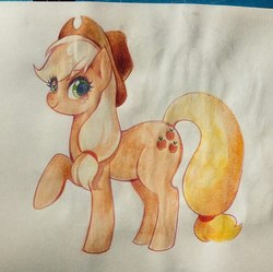 Size: 1533x1529 | Tagged: safe, artist:shegumy-ket, applejack, g4, female, raised hoof, solo, traditional art, watercolor painting