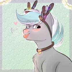 Size: 2160x2160 | Tagged: safe, artist:pesty_skillengton, oc, oc only, deer, deer pony, original species, antlers, blushing, collar, cute, garland, high res, reindeer antlers, solo, tongue out