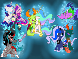 Size: 1024x768 | Tagged: safe, artist:andromedasparkz, king sombra, pharynx, princess cadance, princess celestia, princess ember, princess luna, queen chrysalis, shining armor, spike, thorax, changedling, changeling, dragon, g4, carrying, changedling brothers, female, king thorax, lunarynx, male, prince pharynx, ship:chrysombra, ship:emberspike, ship:shiningcadance, shipping, straight, thoralestia, unholy matrimony