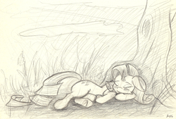 Size: 3440x2332 | Tagged: safe, artist:maneingreen, rarity, pony, unicorn, g4, eyes closed, female, floppy ears, high res, lying down, nap, nature, peaceful, sketch, sleeping, solo, traditional art, tree, under the tree