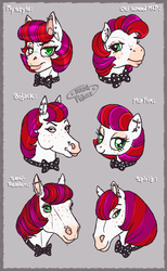 Size: 916x1487 | Tagged: dead source, safe, artist:champ, oc, oc only, oc:madame filthy, bowtie, bust, ear piercing, earring, eyeshadow, female, freckles, hoers, jewelry, lips, looking at you, makeup, mare, piercing, style emulation
