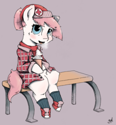 Size: 2000x2143 | Tagged: safe, artist:redcladhero, nurse redheart, semi-anthro, g4, clothes, female, flannel, hat, high res, scarf, shoes, sneakers, socks, solo