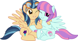 Size: 1998x1061 | Tagged: safe, artist:luckyclau, indigo zap, sunny flare, pegasus, pony, g4, equestria girls ponified, female, goggles, hug, mare, one eye closed, ponified, simple background, transparent background, vector