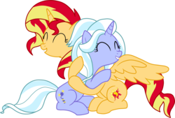 Size: 1856x1252 | Tagged: safe, artist:luckyclau, sugarcoat, sunset shimmer, alicorn, pony, unicorn, g4, ^^, alicornified, alternate hairstyle, equestria girls ponified, eyes closed, female, hug, mare, ponified, race swap, shimmercorn, simple background, transparent background, vector