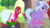Size: 1366x768 | Tagged: safe, edit, edited screencap, screencap, big macintosh, fond feather, scootaloo, swoon song, earth pony, pegasus, pony, brotherhooves social, g4, hard to say anything, season 5, season 7, bloomers, bow, bowtie, clothes, comparison, crossdressing, dress, female, femboy, gelding, insane troll logic, male, mare, orchard blossom, shoes, stallion, tail, tail bow, trap, wig