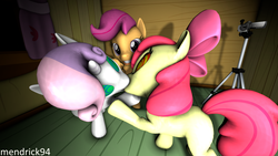 Size: 3840x2160 | Tagged: safe, artist:mendrick94, apple bloom, scootaloo, sweetie belle, earth pony, pegasus, pony, unicorn, g4, 3d, camera, cutie mark crusaders, female, filly, foal, forced kiss, grin, high res, hypnosis, kiss on the lips, kissing, lesbian, ship:sweetiebloom, shipping, smiling, source filmmaker, swirly eyes