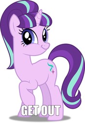 Size: 1911x2743 | Tagged: safe, artist:dashiesparkle edit, edit, editor:binkyt11, vector edit, starlight glimmer, pony, unicorn, g4, faic, female, get out, image macro, looking at you, mare, meme, simple background, smirk, solo, twiface, vector, white background, wrong neighborhood