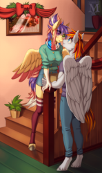Size: 800x1347 | Tagged: safe, artist:margony, oc, oc only, oc:cookie, oc:heartfire, pegasus, anthro, unguligrade anthro, anthro oc, blushing, christmas, clothes, commission, cute, denim skirt, female, holiday, indoors, jeans, large wings, leg warmers, male, oc x oc, pants, scarf, shipping, skirt, socks, stairs, straight, thigh highs, wings