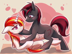 Size: 3000x2250 | Tagged: safe, artist:fanch1, oc, oc only, oc:yashn, pony, unicorn, bedroom eyes, blushing, duo, eye contact, female, high res, holding head, holding hooves, looking at each other, love, lying down, male, on back, shipping, straight