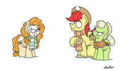 Size: 3064x1702 | Tagged: safe, artist:bobthedalek, bright mac, granny smith, pear butter, earth pony, pony, g4, the perfect pear, clothes, female, granny smith is not amused, husband and wife, liar face, liarpony, male, mother and child, mother and daughter-in-law, mother and son, pear butter is not amused, scarf, scrunchy face, simple background, snow, this will end in a night on the couch, this will end in scolding, unamused, unshorn fetlocks, white background, young granny smith, younger