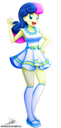 Size: 1004x2096 | Tagged: safe, artist:the-butch-x, bon bon, sweetie drops, equestria girls, g4, background human, clothes, cutie mark on clothes, dress, female, full body, happy, looking at you, mary janes, shoes, signature, simple background, smiling, socks, solo, transparent background, waving