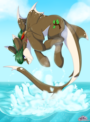 Size: 2300x3100 | Tagged: safe, artist:pinktabico, oc, oc only, original species, pony, shark pony, commission, high res, smiling, solo, water