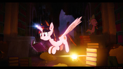 Size: 3840x2160 | Tagged: safe, artist:yvt-jp, spike, twilight sparkle, alicorn, dragon, pony, g4, book, castle of the royal pony sisters, female, flying, happy, high res, lantern, levitation, library, magic, male, mare, night, reading, rubble, smiling, telekinesis, that pony sure does love books, twilight sparkle (alicorn)