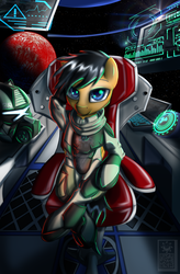 Size: 2100x3200 | Tagged: safe, artist:elmutanto, oc, oc only, pony, arm behind head, helmet, high res, looking at you, male, qr code, sitting, smiling, space, spaceship, spacesuit, stallion, stars