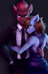 Size: 1981x3027 | Tagged: safe, artist:zefirayn, oc, oc only, oc:amber pura, oc:deces, anthro, cheek fluff, clothes, commission, digital art, dress, duo, ear fluff, female, looking at you, looking back, looking back at you, male, necktie, serious, serious face, signature, suit, vexel, ych result