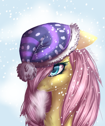 Size: 2500x3000 | Tagged: safe, artist:midnightdream123, fluttershy, pegasus, pony, g4, bust, chest fluff, female, floppy ears, hair over one eye, high res, mare, portrait, snow, snowfall, solo, winter hat