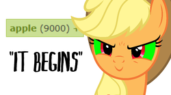 Size: 909x506 | Tagged: safe, edit, editor:moonatik, applejack, earth pony, pony, derpibooru, g4, apple, cowboy hat, evil, evil smile, female, food, happy, hat, image macro, inverted mouth, it begins, mare, meme, meta, over 9000, pure unfiltered evil, scrunchy face, silly, silly pony, simple background, smiling, solo, sombra eyes, tags, that pony sure does love apples, this will end in apples, white background, who's a silly pony