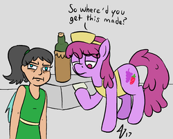 Size: 1496x1201 | Tagged: safe, artist:heretichesh, berry punch, berryshine, oc, oc:mistake, satyr, g4, alcohol, fake id, id card, offspring, parent:queen chrysalis, wine