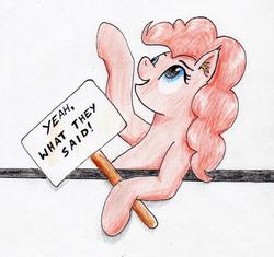 Size: 1992x1876 | Tagged: safe, artist:40kponyguy, derpibooru exclusive, pinkie pie, earth pony, pony, g4, ear fluff, female, hoof hold, looking up, mare, raised hoof, reaction image, sign, solo, traditional art