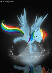 Size: 3508x4961 | Tagged: safe, artist:edonovaillustrator, rainbow dash, pegasus, pony, g4, black background, eyes closed, female, landing, lineless, mare, patreon, patreon logo, reflection, simple background, solo, spread wings, water, wings