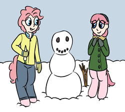 Size: 1562x1402 | Tagged: safe, artist:heretichesh, oc, oc only, oc:mumble, oc:pogo, satyr, brother and sister, female, male, offspring, parent:pinkie pie, siblings, snowman