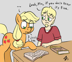 Size: 1501x1287 | Tagged: safe, artist:heretichesh, applejack, oc, oc:bucky, earth pony, pony, satyr, g4, ..., book, calculus, dialogue, facial hair, fancy mathematics, female, frown, goatee, gradient background, gray background, lidded eyes, male, mare, math, mother and son, no pupils, offspring, parent:applejack, raised hoof, reading, simple background, table, unamused, wide eyes
