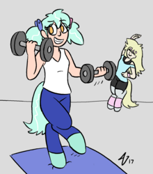 Size: 1303x1480 | Tagged: safe, artist:heretichesh, oc, oc only, oc:hope, oc:koda, satyr, aerobics, offspring, parent:derpy hooves, parent:lyra heartstrings, weight lifting