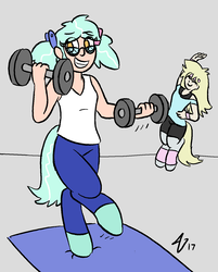 Size: 1223x1520 | Tagged: safe, alternate version, oc, oc only, oc:hope, oc:koda, satyr, aerobics, glasses, offspring, parent:derpy hooves, parent:lyra heartstrings, weight lifting