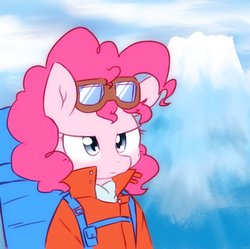 Size: 2048x2037 | Tagged: safe, artist:akainu_pony, pinkie pie, earth pony, pony, g4, clothes, female, goggles, high res, hiking, mountain, solo