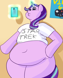 Size: 2510x3110 | Tagged: safe, artist:lupin quill, starlight glimmer, pony, semi-anthro, g4, bbw, belly button, bipedal, cellphone, chubby, clothes, duckface, fat, female, glowing horn, high res, horn, meme, neet, phone, selfie, shirt, smartphone, solo, starlard glimmer