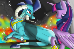 Size: 1214x800 | Tagged: safe, artist:emositecc, princess ember, twilight sparkle, alicorn, dragon, pony, g4, dragon lord ember, dragoness, female, prone, twilight sparkle (alicorn)