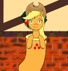 Size: 1639x1703 | Tagged: safe, alternate version, artist:wyntermoon, applejack, g4, christmas, christmas decoration, christmas lights, christmas stocking, christmas wreath, cowboy hat, cutie mark, fireplace, freckles, hair tie, hat, holiday, wreath