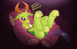 Size: 1250x800 | Tagged: safe, artist:caroo, thorax, changedling, changeling, g4, adorasexy, bed, blushing, bronybait, cute, fetish, floppy ears, frog (hoof), heart, hoof fetish, hoof fluff, hoofbutt, hooves, king thorax, leg fluff, lidded eyes, looking at you, male, on back, pillow, sexy, smiling, snuggles?, solo, stupid sexy thorax, talking to viewer, thorabetes, underhoof, unshorn fetlocks