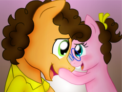 Size: 1801x1370 | Tagged: safe, artist:crazynutbob, cheese sandwich, oc, oc:fudge fondue, g4, bucktooth, eye contact, father and daughter, female, filly, forehead touch, glasses, gradient background, hair ribbon, looking at each other, male, next generation, offspring, parent:cheese sandwich, parent:pinkie pie, parents:cheesepie, ponytail, simple background, touching face