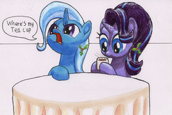 Size: 3421x2302 | Tagged: safe, artist:bbqninja501st, starlight glimmer, trixie, pony, unicorn, g4, female, high res, mare, mug, table, that pony sure does love teacups, traditional art