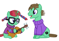 Size: 1672x1164 | Tagged: safe, artist:ianpony98, oc, oc only, oc:ian, oc:straight a's, earth pony, pony, unicorn, boomerang pattern formica, braided pigtails, clothes, daughter, earth pony oc, female, glasses, guitar, horn, offspring, parent:moondancer, parent:oc:ian, parents:canon x oc, sitting, sweater, unicorn oc