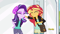 Size: 1920x1080 | Tagged: safe, screencap, starlight glimmer, sunset shimmer, equestria girls, equestria girls specials, g4, mirror magic, ^u^, beanie, clothes, cute, discovery family logo, duo, eyes closed, female, friendship, geode of empathy, glimmerbetes, hat, mirror, portal, shimmerbetes, smiling