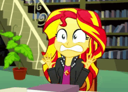 Size: 498x358 | Tagged: safe, screencap, sunset shimmer, epic fails, equestria girls, g4, my little pony equestria girls: summertime shorts, animated, book, clothes, do not want, female, horrified, jacket, library, plant, reaction image, sunset shimmer is best facemaker