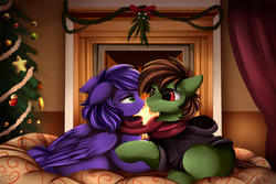 Size: 3000x2000 | Tagged: safe, artist:pridark, oc, oc only, earth pony, pegasus, pony, cheek fluff, chest fluff, christmas, christmas tree, clothes, commission, cute, ear fluff, eye contact, female, fireplace, fluffy, high res, holiday, hoodie, leg fluff, lidded eyes, looking at each other, male, mare, neck fluff, oc x oc, ocbetes, open mouth, prone, scarf, shared clothing, shared scarf, shipping, smiling, stallion, straight, tree