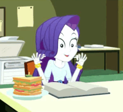 Size: 394x358 | Tagged: safe, screencap, rarity, epic fails, equestria girls, g4, my little pony equestria girls: summertime shorts, animated, book, clothes, female, food, hand, library, sandwich