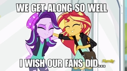 Size: 3643x2048 | Tagged: safe, edit, edited screencap, screencap, starlight glimmer, sunset shimmer, equestria girls, equestria girls specials, g4, mirror magic, ^u^, beanie, boots, clothes, discovery family logo, drama, duo, eyes closed, female, friendship, hat, high res, image macro, meme, mirror, portal, shoes, starlight drama, starlight drama drama, sunset vs starlight debate