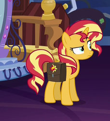 Size: 861x944 | Tagged: safe, screencap, sunset shimmer, pony, unicorn, equestria girls, equestria girls specials, g4, mirror magic, bag, cropped, female, horn, raised eyebrow