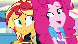 Size: 1920x1080 | Tagged: safe, screencap, pinkie pie, sunset shimmer, equestria girls, equestria girls specials, g4, my little pony equestria girls: mirror magic, book, discovery family logo, geode of empathy, geode of sugar bombs, journal