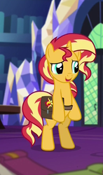 Size: 520x887 | Tagged: safe, screencap, sunset shimmer, pony, unicorn, equestria girls, equestria girls specials, g4, my little pony equestria girls: mirror magic, bag, bipedal, cropped, female, horn, in the human world for too long, mare, smiling