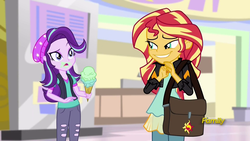 Size: 1920x1080 | Tagged: safe, screencap, starlight glimmer, sunset shimmer, equestria girls, equestria girls specials, g4, my little pony equestria girls: mirror magic, bag, canterlot mall, confused, discovery family logo, duo, faic, food, ice cream, pure unfiltered evil