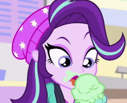 Size: 800x652 | Tagged: safe, screencap, starlight glimmer, equestria girls, equestria girls specials, g4, mirror magic, animated, beanie, cropped, cute, female, food, gif, glimmerbetes, hat, ice cream, licking, messy eating, solo, that human sure does love ice cream, that pony sure does love ice cream, tongue out