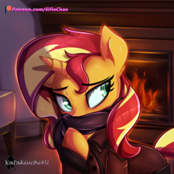 Size: 3000x3000 | Tagged: safe, artist:katakiuchi4u, sunset shimmer, pony, unicorn, g4, christmas, clothes, female, fireplace, high res, holiday, mare, patreon, patreon logo, scarf, solo