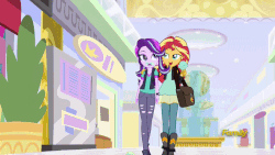 Size: 800x450 | Tagged: safe, screencap, starlight glimmer, sunset shimmer, equestria girls, equestria girls specials, g4, my little pony equestria girls: mirror magic, animated, bag, beanie, clothes, discovery family logo, duo, eating, female, food, geode of empathy, gif, hat, hips, hug, ice cream, jacket, jewelry, leather jacket, lidded eyes, looking at each other, magical geodes, messy eating, necklace, pendant, ripped pants, shipping fuel, swaying hips, thick, vest, walking, watch, wide hips